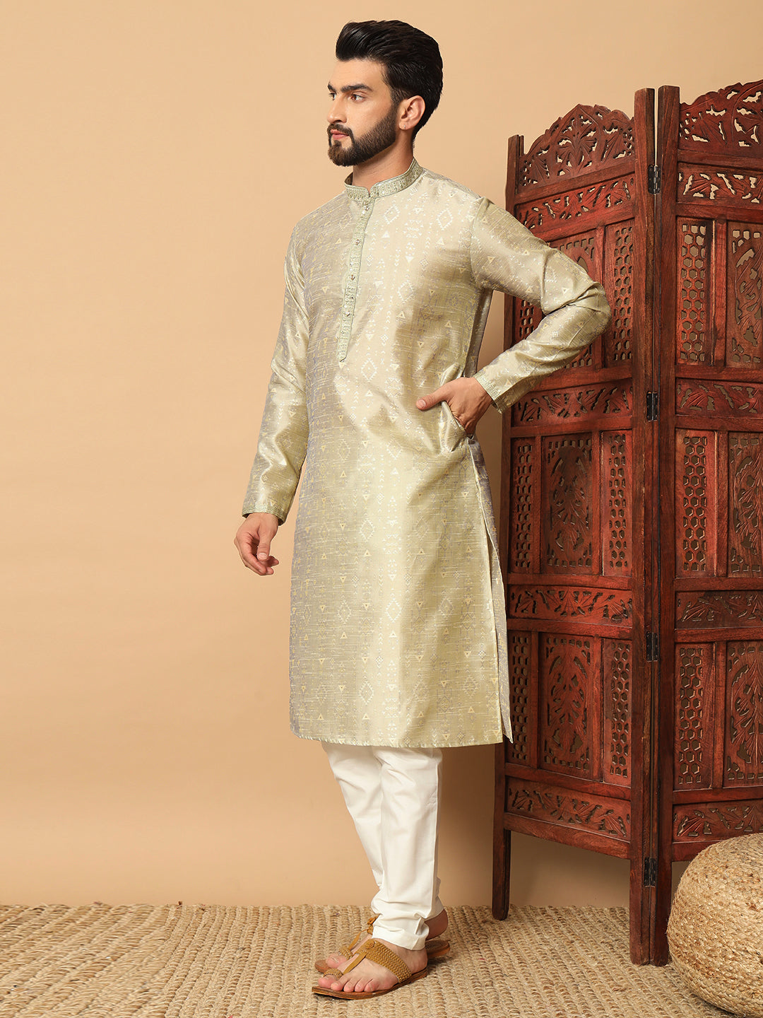 Veloxman Men’s Jacquard Kurta with Semi Cotton Churidar – Elegant Traditional Wear for Weddings & Festive Occasions
