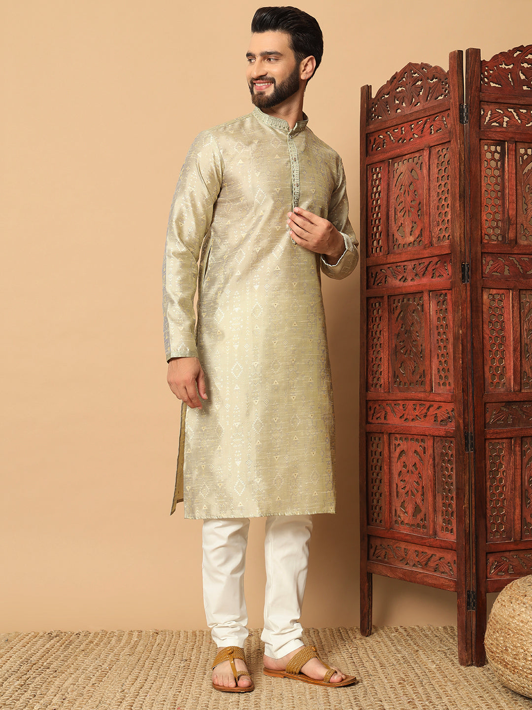 Veloxman Men’s Jacquard Kurta with Semi Cotton Churidar – Elegant Traditional Wear for Weddings & Festive Occasions