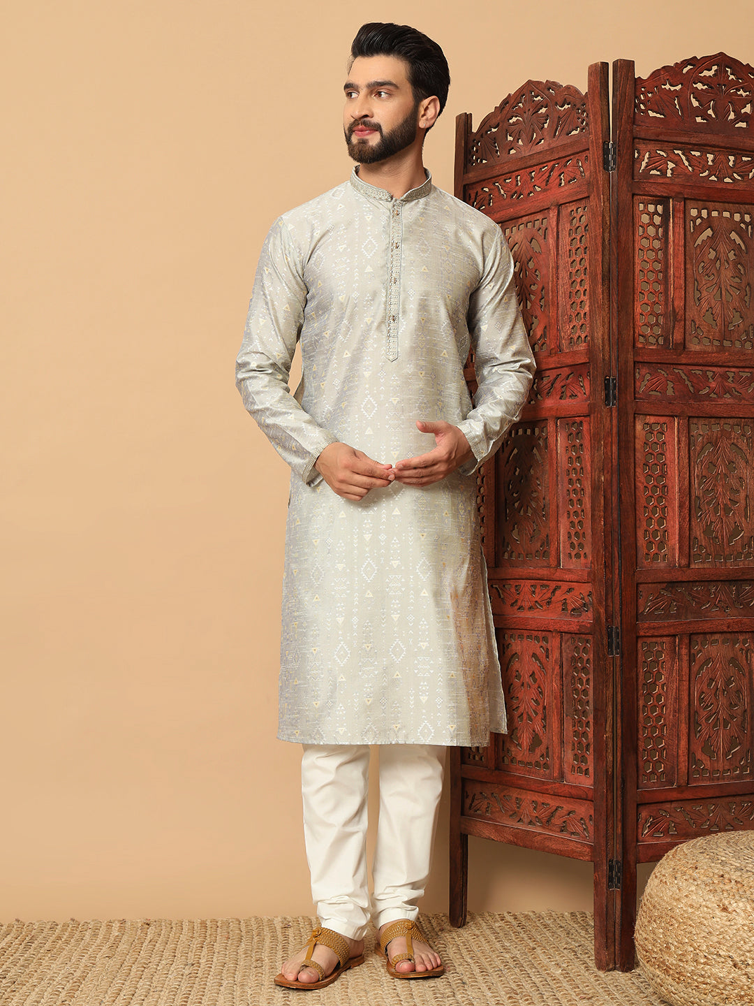 Veloxman Men’s Jacquard Kurta with Semi Cotton Churidar – Elegant Traditional Wear for Weddings & Festive Occasions
