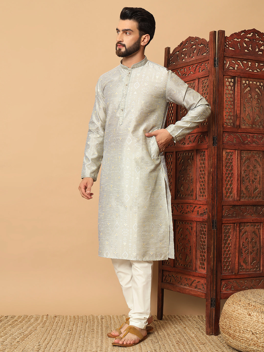Veloxman Men’s Jacquard Kurta with Semi Cotton Churidar – Elegant Traditional Wear for Weddings & Festive Occasions