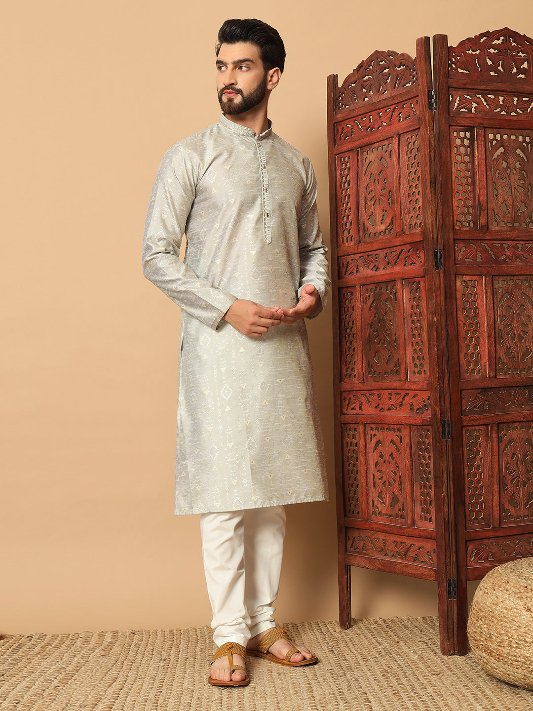 Veloxman Men’s Jacquard Kurta with Semi Cotton Churidar – Elegant Traditional Wear for Weddings & Festive Occasions