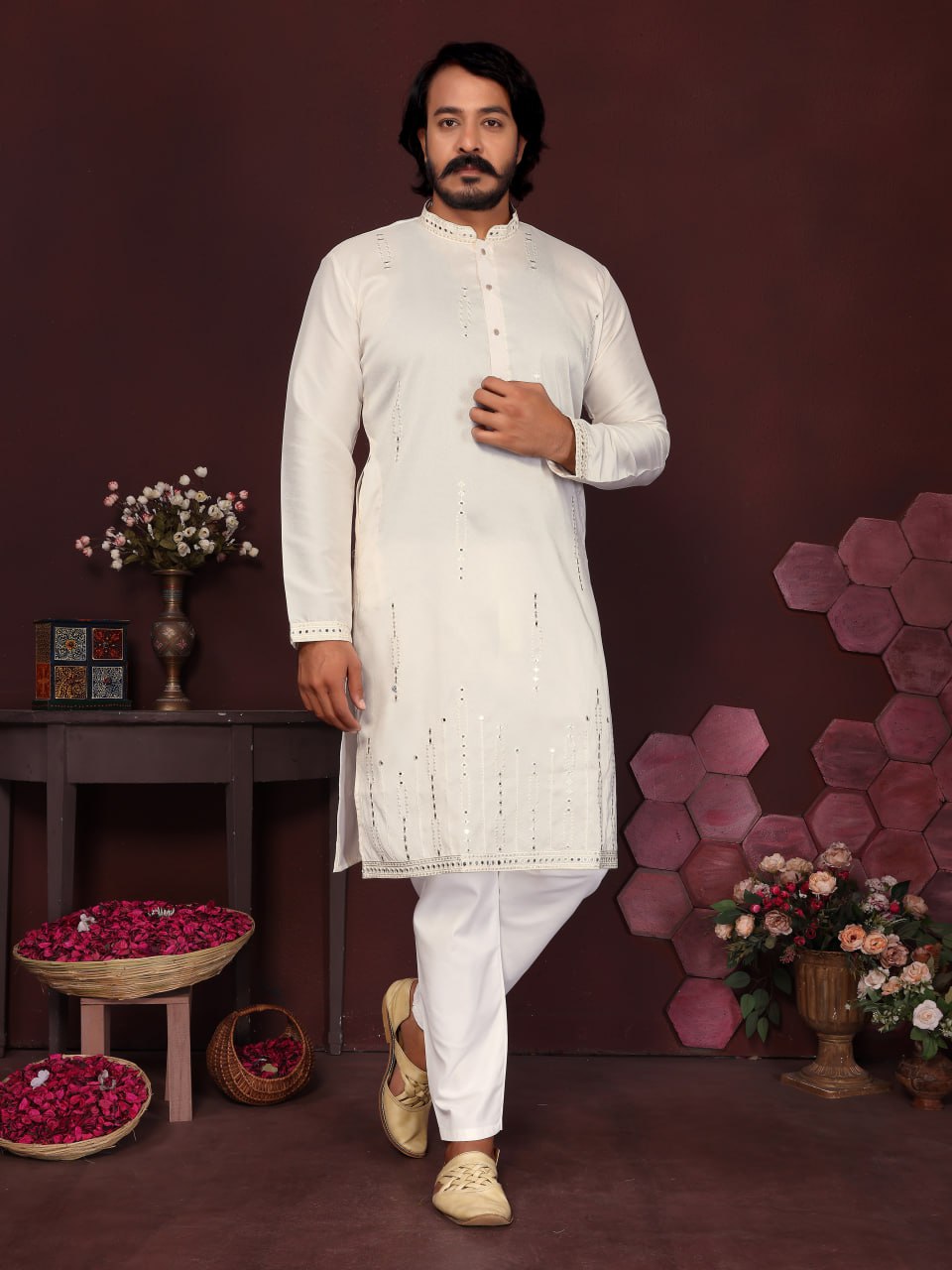 Veloxman Premium Smart Silk Kurta with Embroidery & Mirror Work