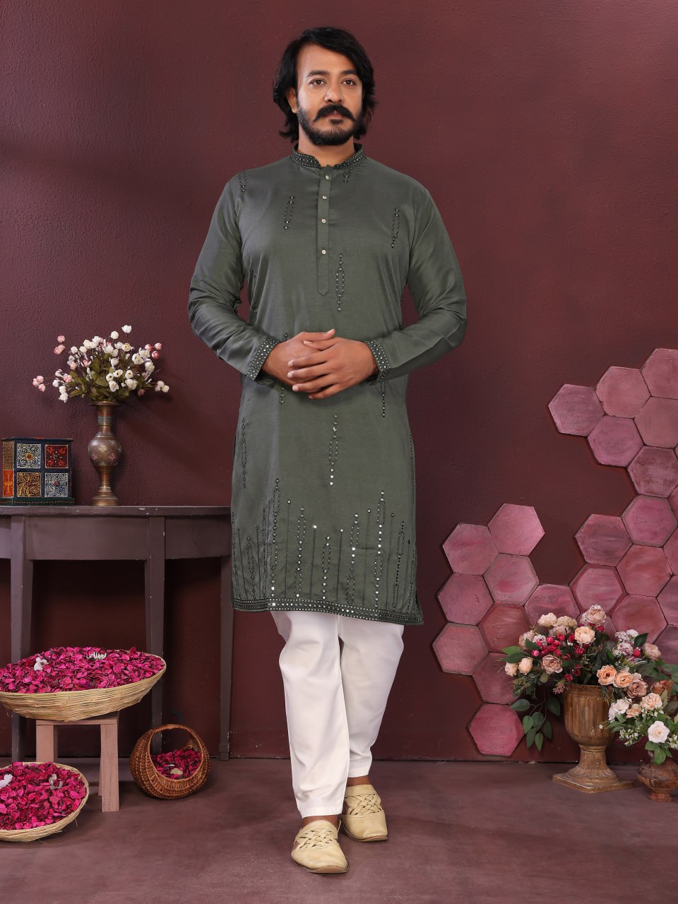 Veloxman Premium Smart Silk Kurta with Embroidery & Mirror Work