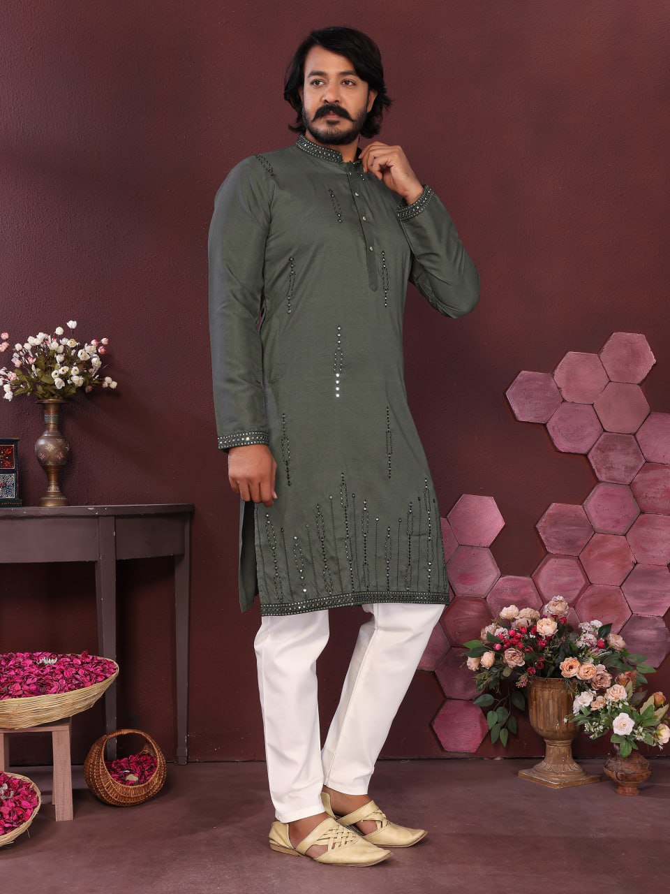 Veloxman Premium Smart Silk Kurta with Embroidery & Mirror Work