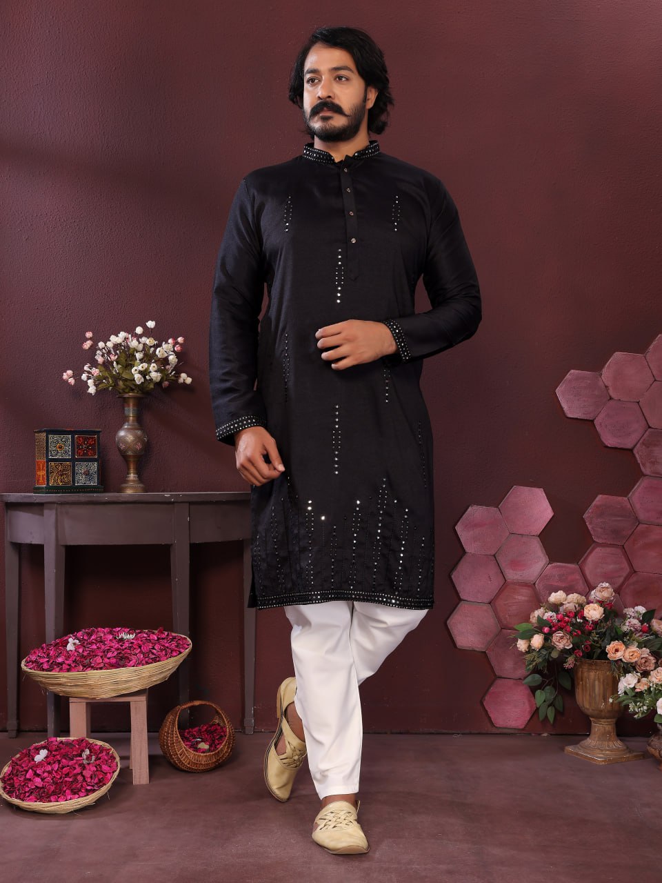 Veloxman Premium Smart Silk Kurta with Embroidery & Mirror Work