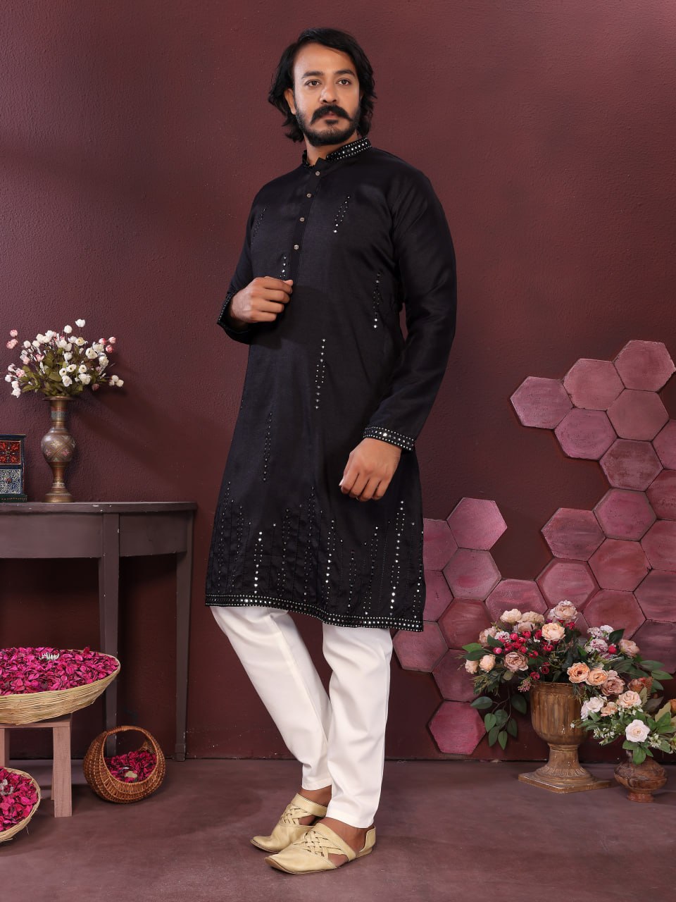 Veloxman Premium Smart Silk Kurta with Embroidery & Mirror Work