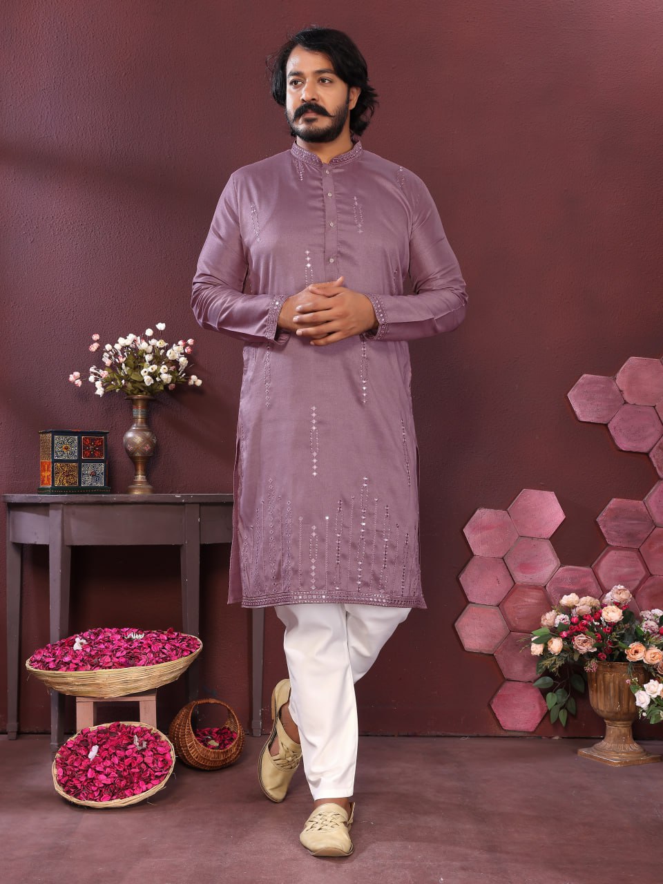 Veloxman Premium Smart Silk Kurta with Embroidery & Mirror Work