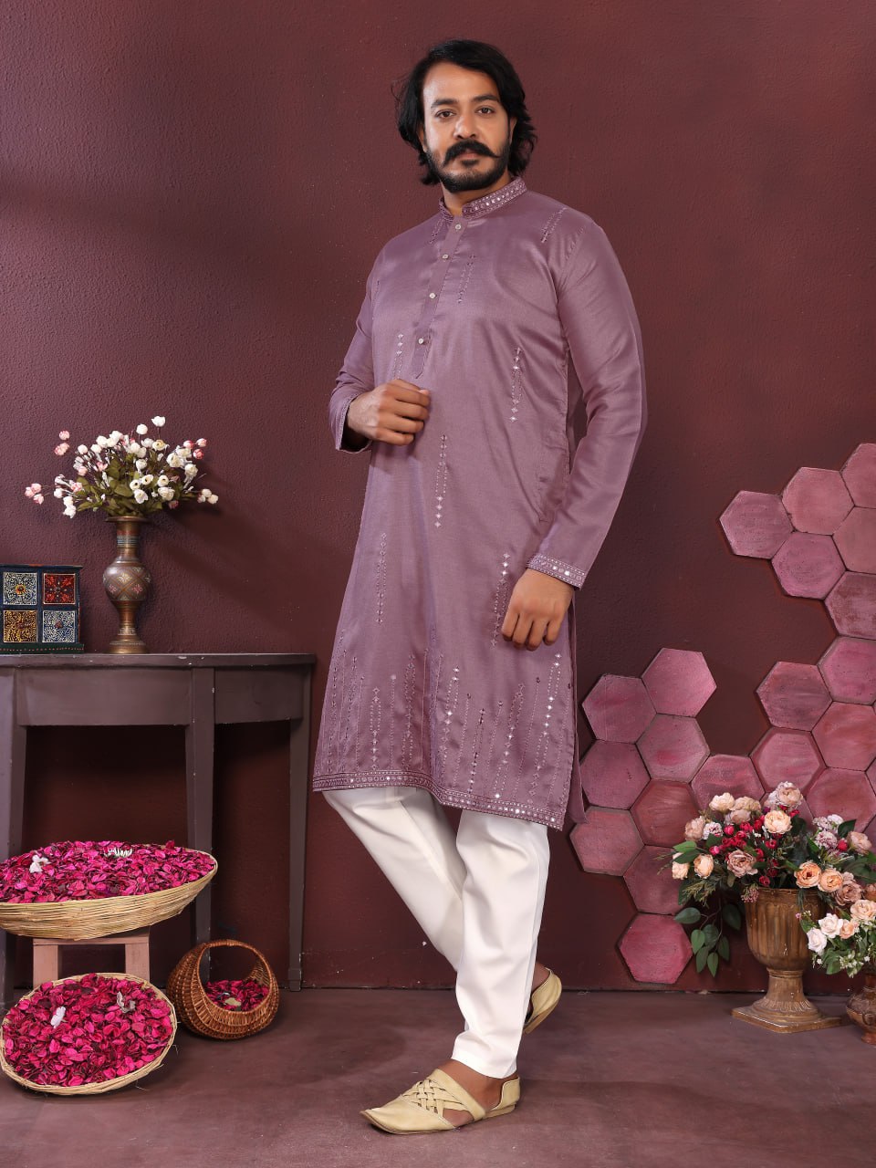 Veloxman Premium Smart Silk Kurta with Embroidery & Mirror Work