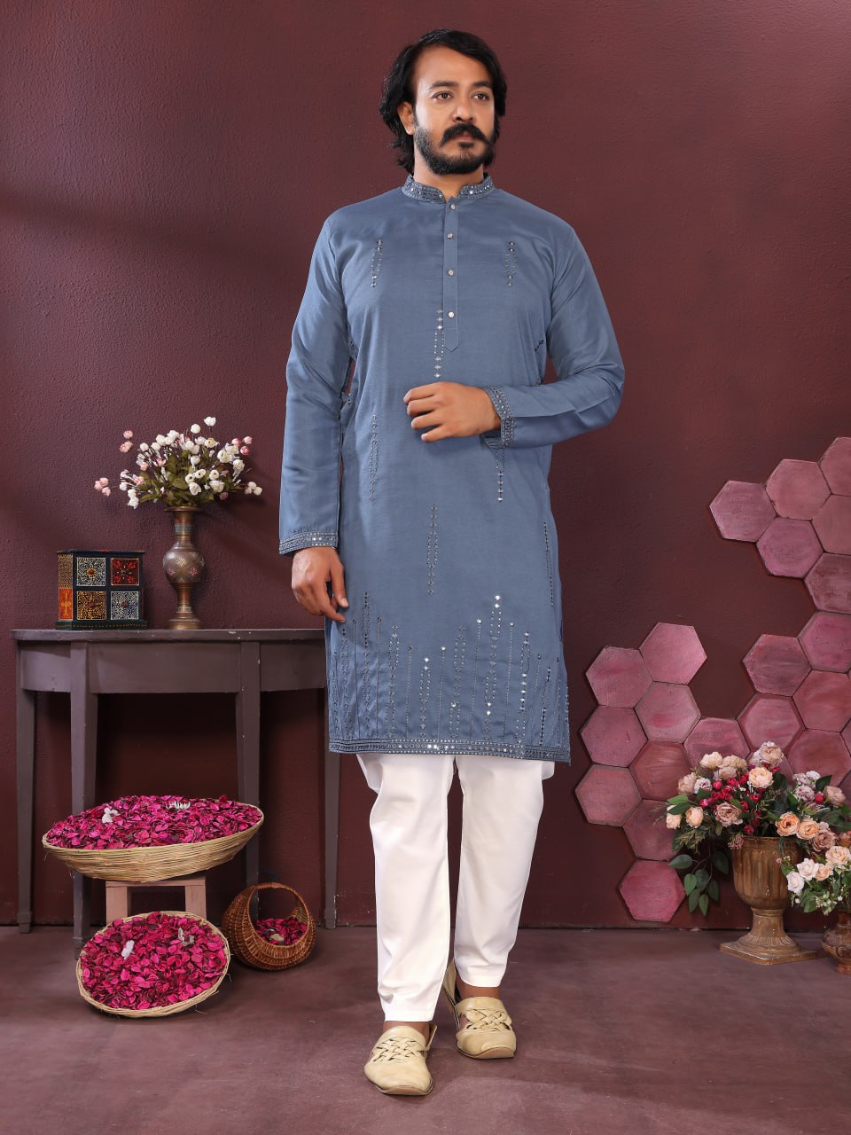 Veloxman Premium Smart Silk Kurta with Embroidery & Mirror Work