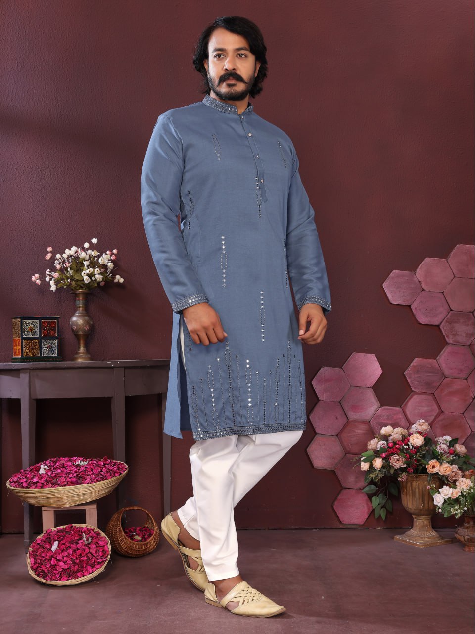 Veloxman Premium Smart Silk Kurta with Embroidery & Mirror Work
