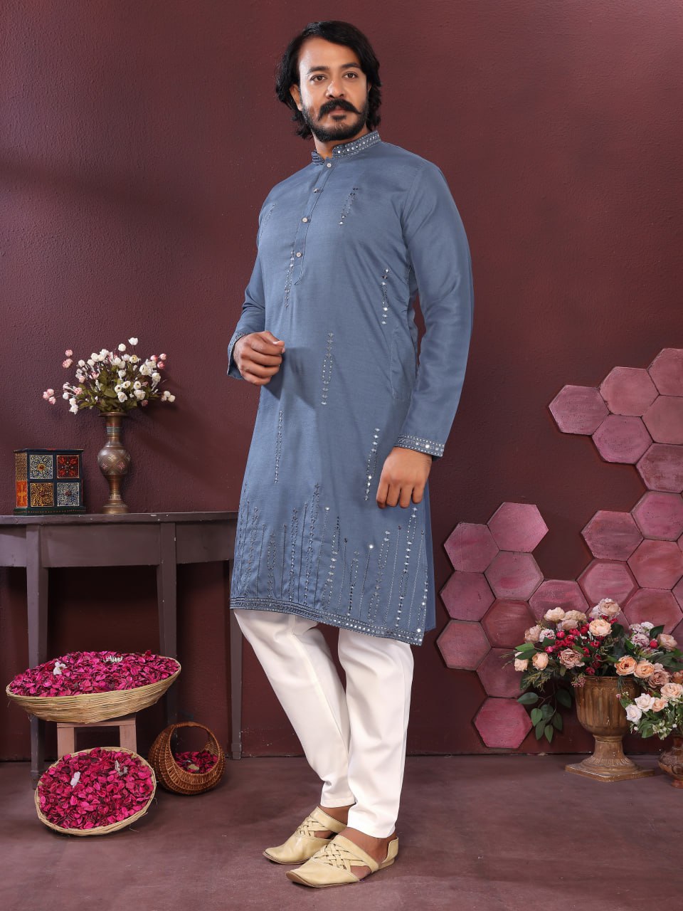 Veloxman Premium Smart Silk Kurta with Embroidery & Mirror Work